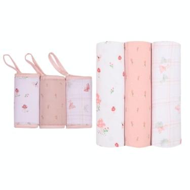 Imagem de Kit 3 unidades Cueiro Flanelado E Toalhinha De Boca Bebê Menina Rosa 100% Algodão Estampas Cílios Nuvem e Chevron