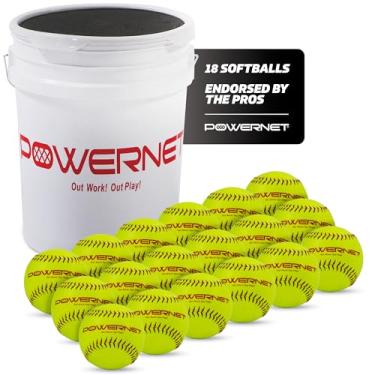 Imagem de PowerNet Pacote de softball, balde acolchoado de softbol com 18 bolas de treino de 30,5 cm, bolas portáteis de equipamento de prática de arremesso e rebatedor