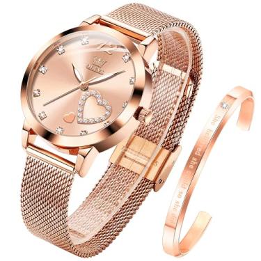 Imagem de OLEVS Relógio feminino ouro rosa coração diamante meninas relógio de pulso feminino malha cinto relógio e pulseira conjunto presentes de dia dos namorados, rosa