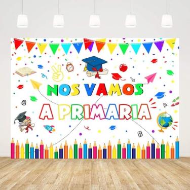 Imagem de AIBIIN Pano de fundo de 2,1 x 1,5 m para pós-graduação de jardim de infância Nos Vamos A Primaria fundo branco parabéns jardim de infância formatura aula de 2025 decorações de festa adereços de