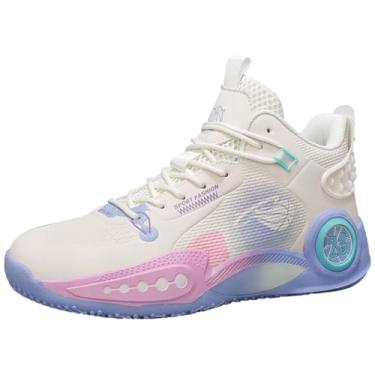 Imagem de Jefuzh Tênis de basquete feminino, moderno, com cadarço, suporte de arco, respirável, antiderrapante, confortável, cano alto, corrida, caminhada, tênis, Bege, 35