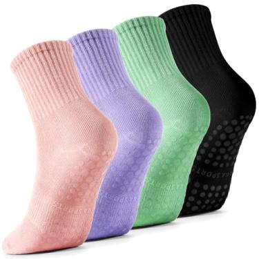 Imagem de Haoteey 4 pares de meias de Pilates com aderência para mulheres, meias aderentes para ioga Barre, meias adesivas antiderrapantes de Pilates, Preto/Rosa/Verde/Roxo, 5-9