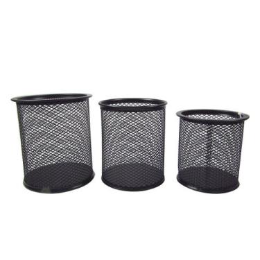 Imagem de Kit com 3 organizadores porta lápis caneta e clips em aço redondo pret