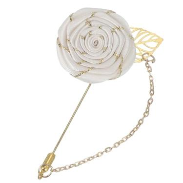 Imagem de uxcell Broche de lapela rosa para ternos masculinos, broche de flores de pano feito à mão com folha de ouro/corrente para acessórios de terno casamento de noivo, bege, 9.5 cm, Metal, Liga metálica.
