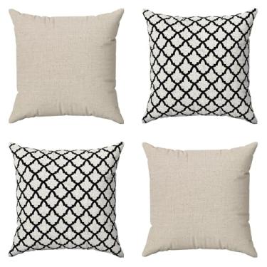 Imagem de Kit Capas De Almofadas 45x45 Decorativas Para Sofá Cama Bege Cru Luxo (Geométrica Branca)