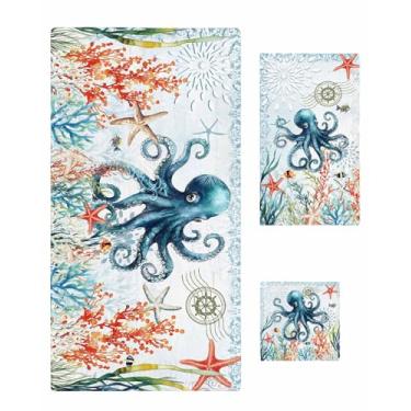Imagem de Chees D Zone Conjuntos de toalhas de banho, verão oceano azul polvo estrela do mar concha vida marinha toalhas de banheiro toalha de mão macia conjunto de toalhas de algodão, conjunto de banho macio