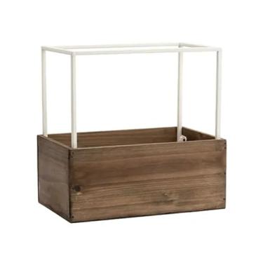 Imagem de Napco 11 x 25 x 25 cm de madeira e metal para decoração de jardim interno e externo, vaso de flores, vaso de plantas, caixa marrom natural e dourada com telhado