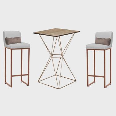 Imagem de Kit Mesa Bistrô Lucca e 2 Banqueta Lucca Alta Com Encosto Tampo Madeira Ferro Bronze Sintético Branco e Almofada Bege - Ahazzo Móveis