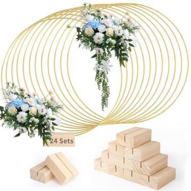 Imagem de Hviiso 24 Peças De Decoração Mesa Com Arco Floral 12 Polegadas - Centro Dourado Para Festa Casamento Base Madeira Natural, Suporte Anel Guirlanda Metal Balões E Flores