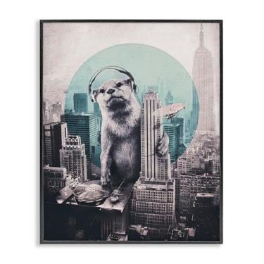 Imagem de Stupell Industries Arte giclée emoldurada preta com lontra de DJ sobre paisagem urbana, design de Ali Gulec, 28 x 35 cm