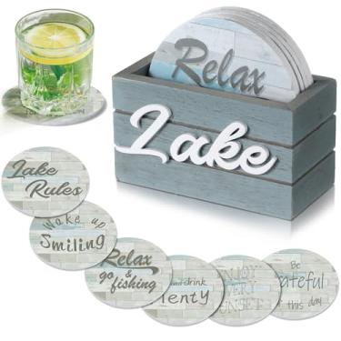 Imagem de Queekay Conjunto de 6 porta-copos com tema de lago com suporte para bebidas, presentes de casa para amantes do lago, porta-copos de madeira de 10 cm com frases presentes de inauguração de casa para