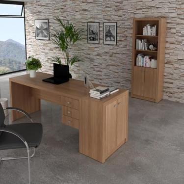 Imagem de Conjunto Escritório Mesa com Armários 2 Portas 3 Peças Amêndoa Tecnomobili