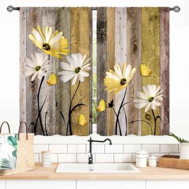 Imagem de Cortinas de margarida de fazenda, flores de madeira rústica, retrô, amarelo, branco, floral, primavera, borboleta, rural, estilo rural, pequenas cortinas de janela curta para sala de estar, quarto