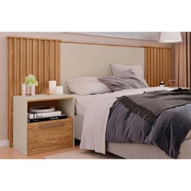 Imagem de Cabeceira Cama Box Estofada Extensível Casal/Queen/King Lucius 2 Mesas c/ 1 Gaveta Freijo/Off White - Caemmun