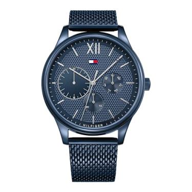 Imagem de Tommy Hilfiger Relógio analógico multifuncional de quartzo masculino com pulseira de aço inoxidável ou couro, Azul/azul, One Size, Pulseira