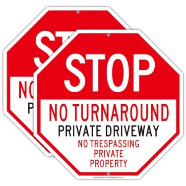 Imagem de Placa de entrada privada Stop No Turn Around Private Driveway, pacote com 2 placas de propriedade privada, 30,5 x 30,5 cm, alumínio livre de ferrugem, proteção UV e impermeável, resistente ao clima