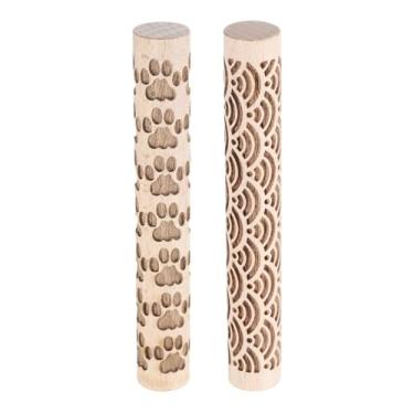 Imagem de HARFINGTON 2 peças de rolo de argila de madeira 10 cm padrão de impressão de pata de onda de água, ferramentas de cerâmica, rolos de textura de grão de madeira para argila para assar massa de