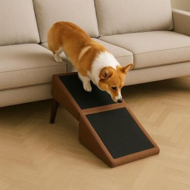 Imagem de Banqueta Pet Dobrável Marrom Vira Rampa Para Cães Gatos Protege Articulações Tecido Acquablock