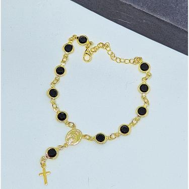Imagem de Pulseira Bracelete Terço religiosa pedras cristais Zircônias com pingente nossa senhora aparecida com cruz lançamento