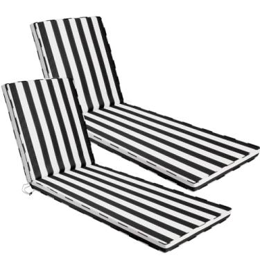 Imagem de Iheqard Conjunto de 2 almofadas de espreguiçadeira para ambientes externos, 180 x 56 x 7,6 cm, almofadas de móveis com capas laváveis para piscina, pátio, gramado (listras pretas + brancas, 2 peças)
