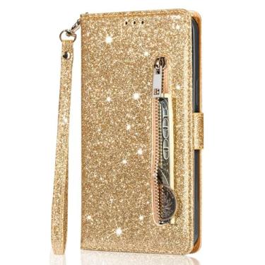Imagem de LYJSMGZ Capa flip com glitter para iPhone 16E, capa de telefone feminina estilo carteira com fecho magnético de couro brilhante brilhante antiqueda, dourada, 16E