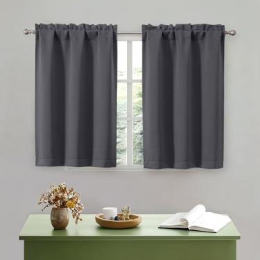 Imagem de OWENIE Cortinas de cozinha cinza carvão 91 cm de comprimento, pequenas cortinas blackout curtas com isolamento térmico camada sobre a pia, bolso para varão, meia janela para banheiro, quarto