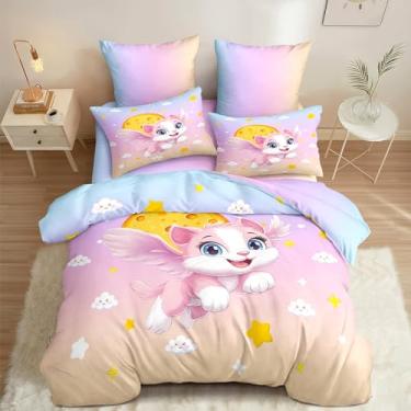 Imagem de APOBUY Conjunto de edredom infantil de gato rosa, 5 peças, fofo, tamanho solteiro, macio para todas as estações, com estampa de nuvens, kawaii, quarto de meninas