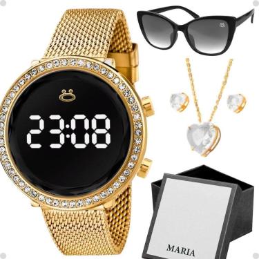 Imagem de Relogio Dourado Feminino + Pulseira + Caixa + Oculos Sol Proteção Uv Gatinho Social Presente Casual