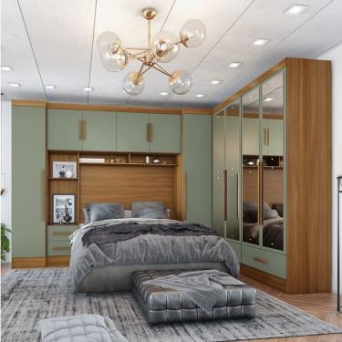 Imagem de Quarto de Casal Completo 5 Peças 6 Portas 4 Gavetas com Maleiro e Espelhos Smart Plus Espresso Móveis Cinamomo / Verde