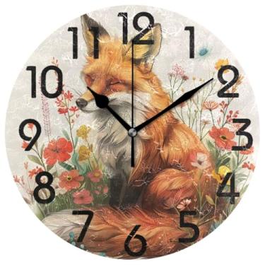 Imagem de ZzWwR Linda raposa em flores bege relógio de parede redondo, relógio de mesa analógico silencioso de 25 cm para cozinha doméstica/sala de estar/quarto/banheiro/escritório