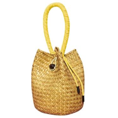 Imagem de Bolsa clutch de vime para mulheres 2025 moderna bolsa de mão macia bolsa de praia para noite carteira de bambu bolsa balde festa formatura, Amarelo, One Size