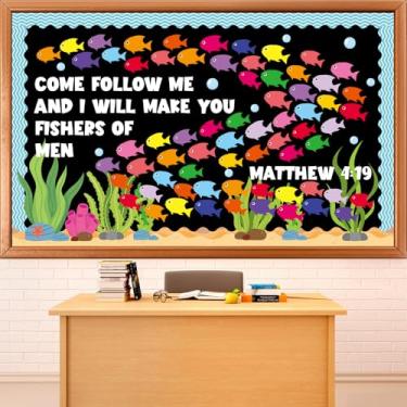 Imagem de Fishers of Men Bulletin Board Decorações de sala de aula Conjuntos de quadro de avisos bíblicos religiosos cristãos recortes de papel de peixe para Jesus igreja domingo verão VBS volta às aulas