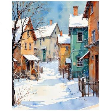 Imagem de Kit de pintura por números de Winter Village para adultos – Casas de neve DIY e pintura de cena de rua em tela 40,6 x 50,8 cm, conjunto de tinta acrílica, adequado para iniciantes, arte para decoração
