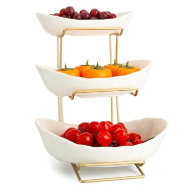Imagem de jessie Tigelas de frutas de cerâmica de 3 camadas para balcão de cozinha com rack de metal, cesta de frutas com suporte, tigelas de porcelana para frutas, legumes, pão, doces, salgados, nozes, bandeja