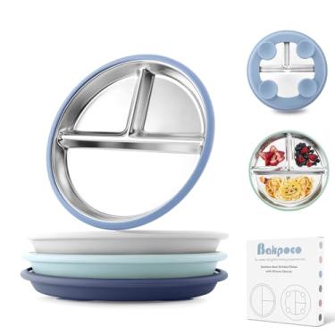 Imagem de Bakpoco Prato infantil de aço inoxidável com sucção, pratos divididos de 20 cm com mangas de silicone removíveis para bebês, conjunto de 4 pratos de lanche infantis não tóxicos, inquebráveis, azul