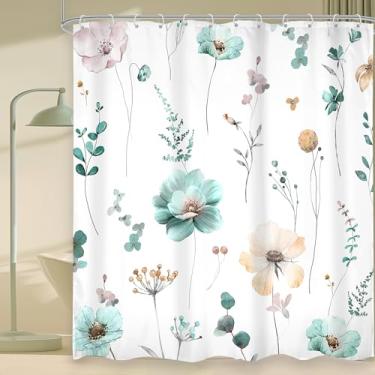 Imagem de Omifly Cortina de chuveiro floral extralonga 182 cm L x 213 cm A verde-azulado flor aquarela boho primavera moderna flores silvestres botânica minimalista com 12 ganchos de plástico tecido à prova