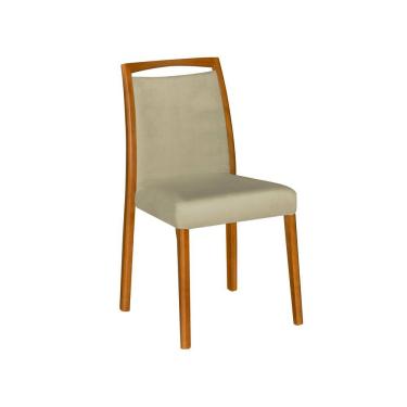 Imagem de Cadeira De Jantar Luxo Estofada Jade Veludo Bege Base Madeira Maciça
