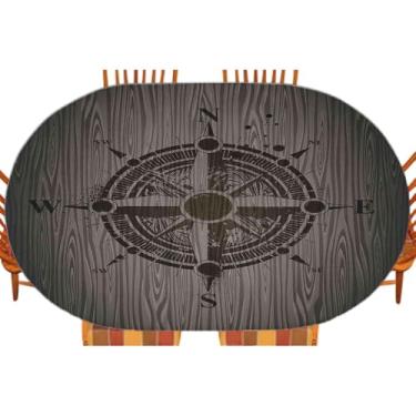 Imagem de Bússola oval elástica toalha de mesa, desenho de uma bússola de vela em uma superfície de madeira em arte gerada por computador, para decoração de mesa de jantar de cozinha, piquenique ao ar livre,
