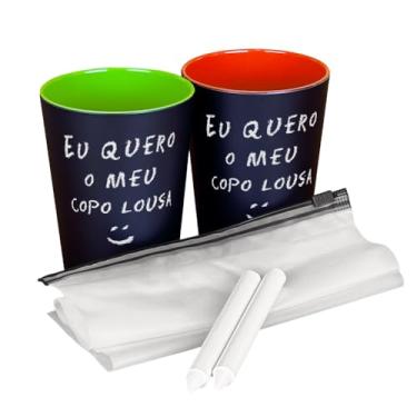 Imagem de Kit Presente Copos Lousa com 2 Copos, Interior Colorido Verde e Laranja, 2 Gizes de Cera
