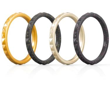 Imagem de ThunderFit Anéis de Silicone Finos e Empilháveis para Mulheres (sem metal/pedra), Alianças de Casamento de Borracha Padrão Diamante, 2,5mm largura, 2mm espessura – Pacote Variado