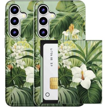 Imagem de MUQR Capa compatível com Samsung Galaxy S23 com suporte de cartão fofo - Design Kawaii, proteção contra quedas de nível militar, capa carteira robusta para mulheres (folhas verdes de flores tropicais)