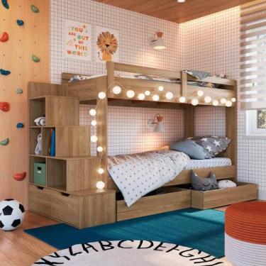 Imagem de Beliche Infantil Com Escada Estante e 2 Gavetões 143 cm - Completa QI,