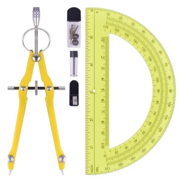 Imagem de Unjoo Conjunto de bússola e transferidor, ferramenta profissional de bússola de desenho, bússola de metal com refis extras, bússola para geometria e transferidores matemáticos de 15 cm 180 graus