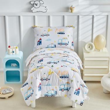 Imagem de DuShow Jogo de cama infantil de carros, 4 peças, macio e respirável, inclui lençol de cima, edredom acolchoado, fronha