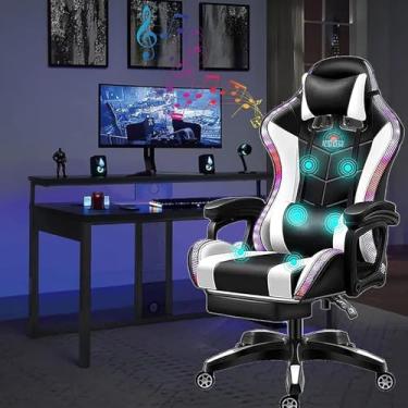 Imagem de Cadeira De Jogos Com Luzes Led E Alto-falantes Cadeira De Corrida De Computador Com Apoio Para Os Pés E Suporte Lombar Cadeira Ergonômica Rgb De Escritório Com Encosto De Cabeça, White