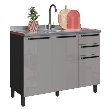 Imagem de Balcão de Cozinha 2 Portas e 3 Gavetas Indekes Isa, Chumbo e Titânio, 120 cm
