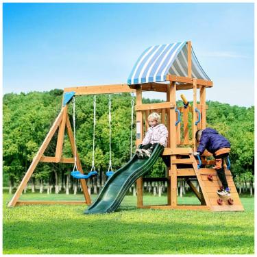 Imagem de Playground com Parede de Escalada Infantil ROBUD Conjunto de Balanço para Quintal, Brinquedo Infantil em Madeira, com 2 Balanços,