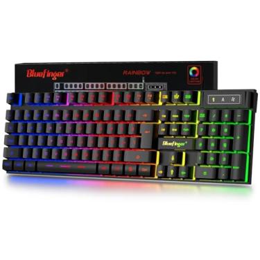 Imagem de BlueFinger Teclado para jogos USB com fio, teclado de tamanho completo, arco-íris retroiluminado com teclas multimídia, digitação silenciosa para Windows, PC, laptop