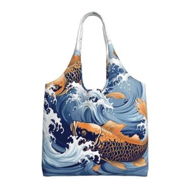 Imagem de GlbnSHeric Bolsa feminina reutilizável de compras de lona com borboleta azul cereja bolsa de ombro dobrável, Carpa com estampa ondulada, One Size
