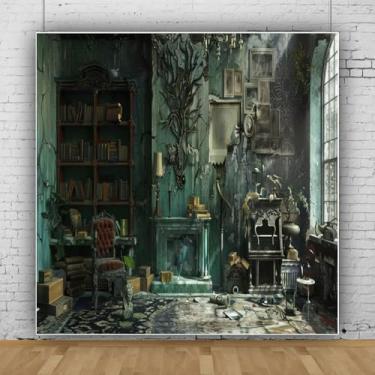 Imagem de Cenários de Halloween de 3 x 3 m para sessão de fotos, estantes antigas de parede desbotada, artefatos estranhos, casa assombrada, decoração assustadora de Halloween para escritório, sala de aula